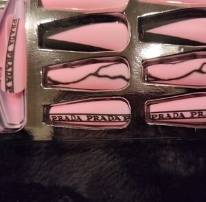 Pink Black Salon Quality Press On Nails Luxury Logo Print Glam Long Coffin Matte